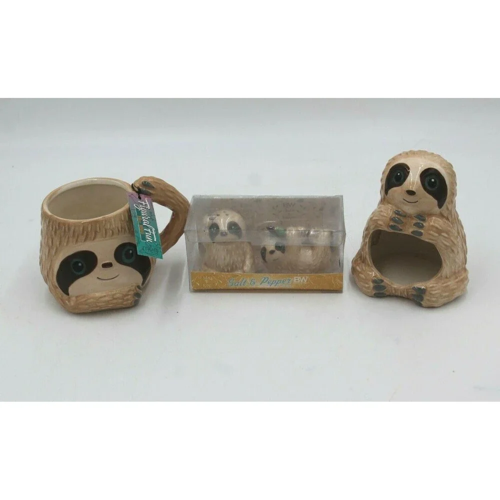 BW Live Slow Sloth Salt & Pepper Shakers Mug Sponge Holder Lot of 4 pcs Cute Set